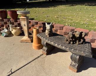 Concrete Lawn Bench, Sundial, Various Concrete Pots and Lawn Decor