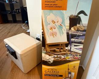 Easel in the box and security safe.