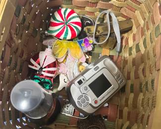 Longaberger Basket with Assorted Collectibles and Kodak EasyShare CD