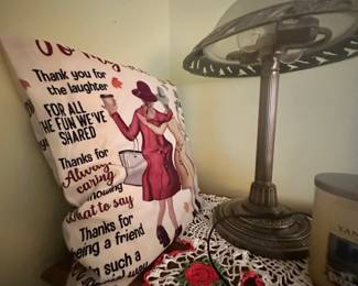 VintageStyle Metal Table Lamp and Decorative Friendship Throw Pillow