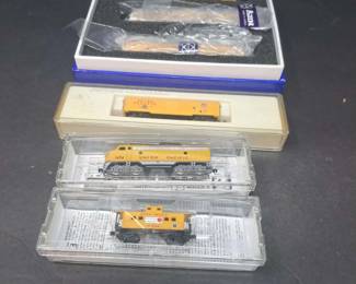 Collection of Z Scale Union Pacific Rail Cars by Ajin, MicroTrains Line, Marklin, w Boxes