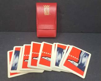 Vintage, Complete Set of KEM Eagle and Stars Mini Plastic Playing Cards w Red Leatherette Case