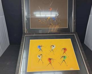 Pair of Framed African Folk Art Paintings of Stylized Figures in Colorful Garb One Signed Derace