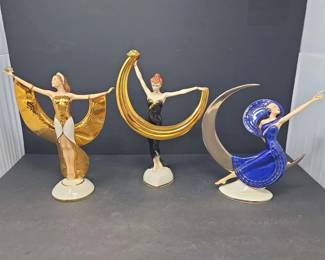 Set of Three 3 Franklin Mint Art Decostyle Dancing Lady Scarf Dancer Porcelain Figurines
