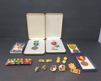 Collection of Vintage U.S. Military Medals, Ribbon Bars, Uniform Insignia Decorative Service Pins