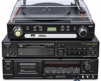 3Piece Home Audio Equipment Lot Aiwa Cassette Deck, Sony Minidisc Recorder Digitnow Multiplayer