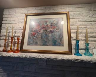 ... signed floral art with art-glass candle holder accents