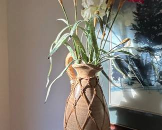 Vintage Studio Pottery Vase with Rattan Overlay