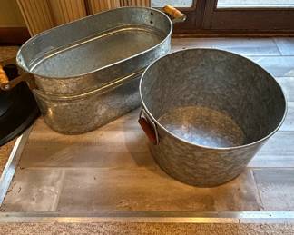 Vintage Galvanized Metal Tubs with Wood Handles
