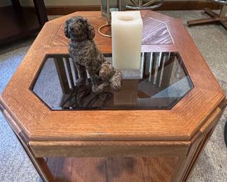 Hexagonal Oak and Glass End Table