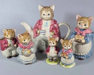 Vintage Otagiri "Mr. and Mrs. Whiskers" ceramic cat tea set and accessory collection
