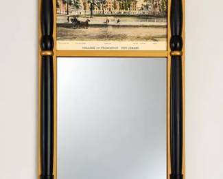 Federal-style split-column wall mirror with black and gold frame and an archival print of the College of Princeton