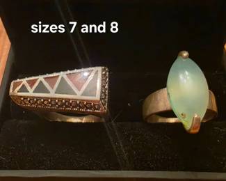 Vintage sterling silver ring with geometric inlays and a row of sparkling marcasite and a light green stone sterling ring