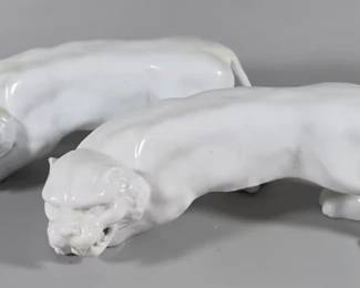 Pair of Maitland Smith Co. white glazed porcelain panther or big cat figurines