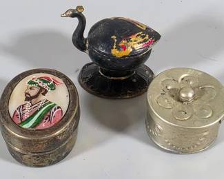 Vintage pill boxes, including Mother of Pearl, mosaic and enamel tops