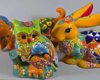 Hand painted Mexican Talavera pottery animal sculptures
