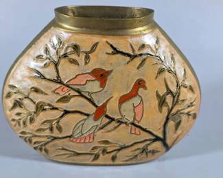 Vintage flattened brass vase with hand painted enamel illustrations