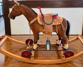Steiff Schaukelpferd (rocking horse on wheels and wooden runners) from Germany