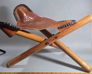 Vintage Honduras hand tooled leather folding tripod camp stool