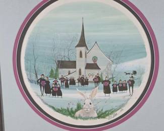 Close up of 1988 limited-edition offset lithographic print by folk artist P. Buckley Moss titled "White Christmas"
