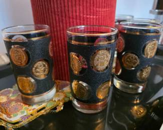 Libbey gold coin glasses and lacquer tray
