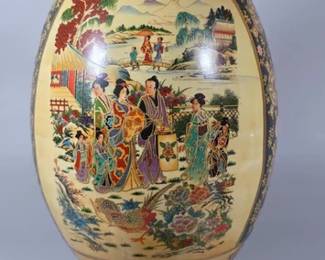 Large Asian scene ceramic egg with stand