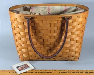Large Longaberger tote with drawstring liner and leather handles