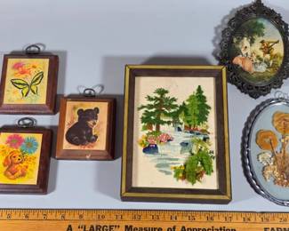 Collection of vintage framed needlepoint and wooden plaques