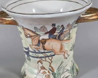 Porcelain ice bucket with a hand painted equestrian fox hunting scene and gold-toned handles