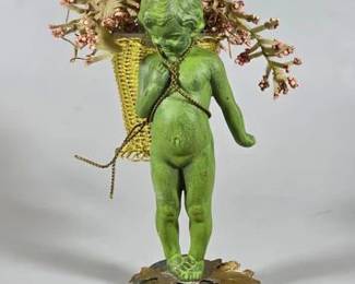 Vintage Petites Choses USA bronze child cherub figurine with a green patinated finish