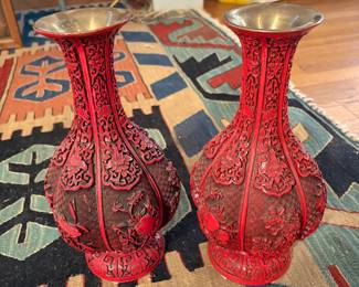 Pair/cinnabar and brass vases