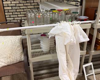 Mason jars and plastic storage shelves for sale