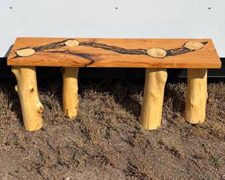 f Handcrafted Wooden Bench with Natural Branch Design