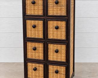 f Dark Wood and Woven Rattan 8Drawer Storage Chest