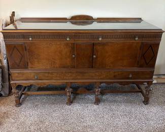 f Jacobean Style Wood Sideboard with Glass Top