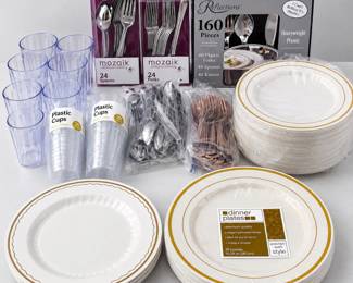k Assortment of Plastic Cups, Plates, and Utensils
