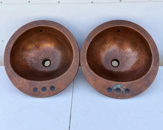 hd Pair of Antique Hammered Copper Bathroom Sinks