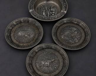 ld Set of Four Pewter Plates and Ashtray