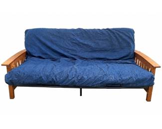 f WoodArm Futon Sofa Bed with Navy Cushion