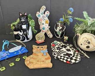 NE140Collection Of Handpainted Ceramic And Pottery Cat Themed Art Pieces