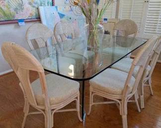 NE198VCoastal Style Glass Top Dining Table, Chairs And Centerpiece