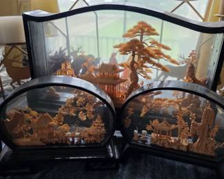 Vintage Chinese Hand-Carved Cork Diorama Shadow Box