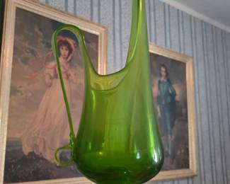 L.E. Smith Glass Company Avocado Green Footed Swung Ewer/Pitcher
