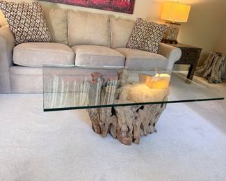 3/4 inch glass top table on natural wood base