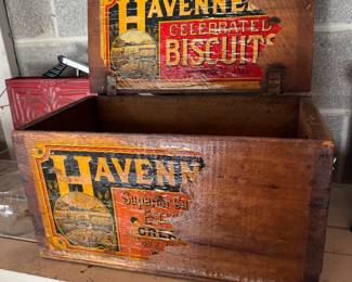 Antique Havenner’s Celebrated Biscuits wooden shipping crate and storage box