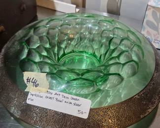 #46	Vintage 1930s Art Deco Green Depression Glass bowl w/silver rim	 $50.00 