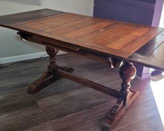#12	Kings Table Wood Trestle Tablel w/Pull-out extendable leaves that fit back underneath the table - 4878x36c29.5  (finish Issues)	 $225.00 