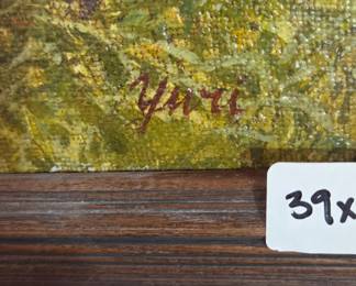 #10	Oil Painting of Pond w/lily pads and Trees - 39x28 signed 	 $35.00 
