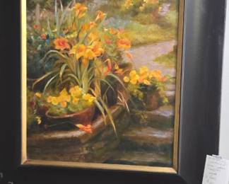 #55	Original Oil painting of Yellow Pansies & Daylilies Signed R. Harns Framed - 31x36	 $100.00 