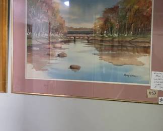 #53	Original Watercolor Covered Bridge over Stream Signed and Framed - 25x19	 $70.00 